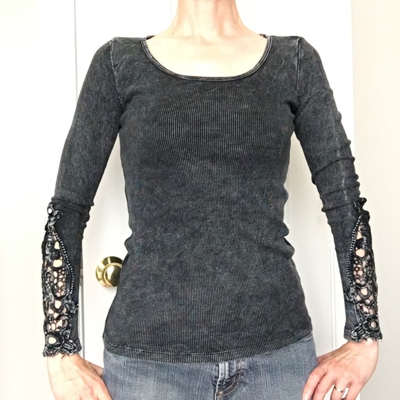American Age Long-Sleeved Tee with Lace Inserts, Cut Work Style - Picture 1 of 15